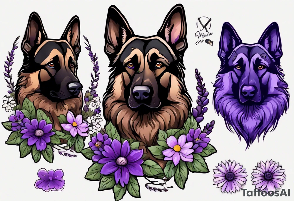 Dark Brown female German shepherd portrait surrounded by purple daisies tattoo idea