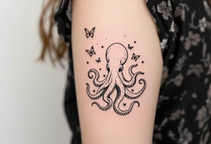 minimalist octopus, surrounded by butterflies and oceanic items, brown ink tattoo idea