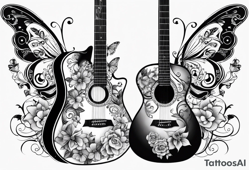 Whole electric acoustic Guitar with flowers growing off the side, butterflies tattoo idea