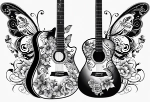 Whole electric acoustic Guitar with flowers growing off the side, butterflies tattoo idea