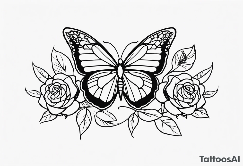 a simple, black minimalist female chest tattoo with a butterfly in the centre and roses elegantly behind it floating elegantly in horizontal position towards the shoulders tattoo idea