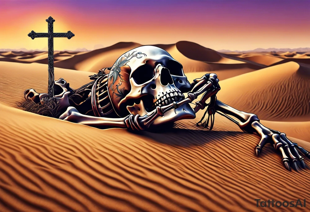 skeleton crawling towards a cross in a desert tattoo idea