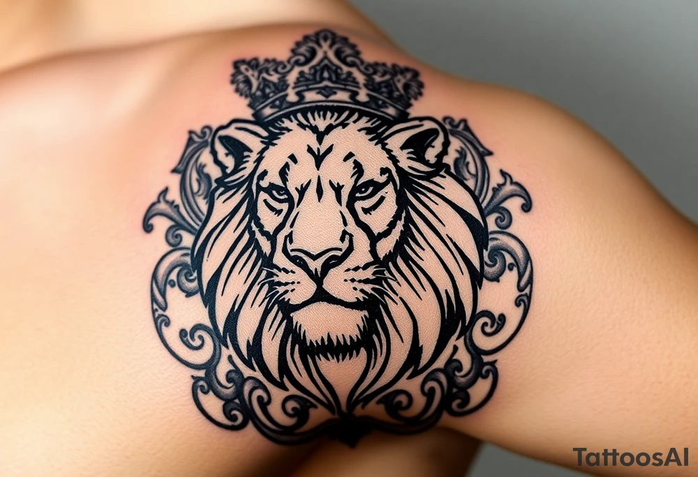 majestic lion wearing ornate crown, surrounded by baroque flourishes tattoo idea