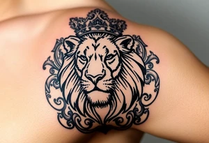 majestic lion wearing ornate crown, surrounded by baroque flourishes tattoo idea