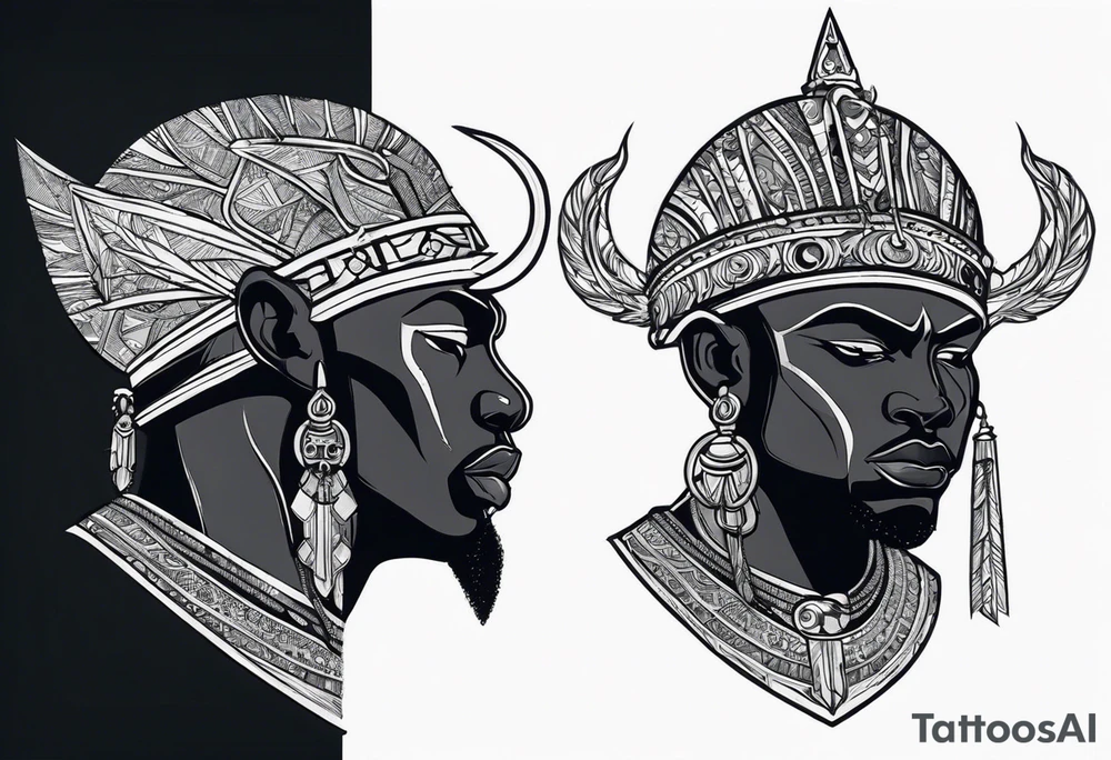 An african god, a bald black-skinned warrior, that uses a sword and a silver crown. He also uses blue and red necklaces tattoo idea