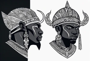 An african god, a bald black-skinned warrior, that uses a sword and a silver crown. He also uses blue and red necklaces tattoo idea