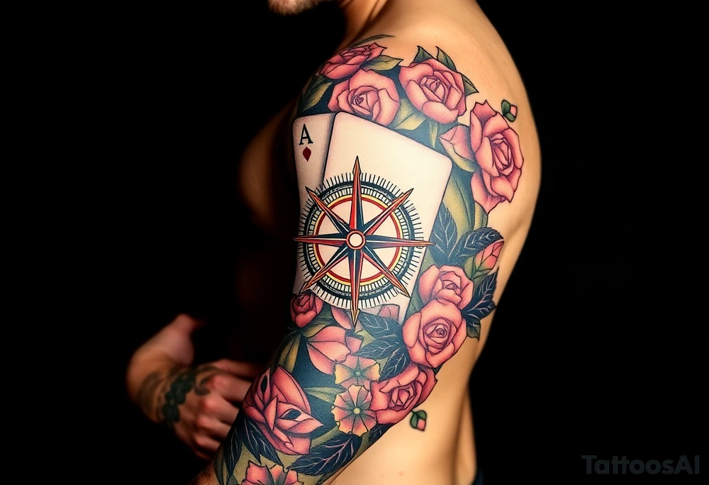 poker royal flush + compass + Family + Infinite love tattoo idea