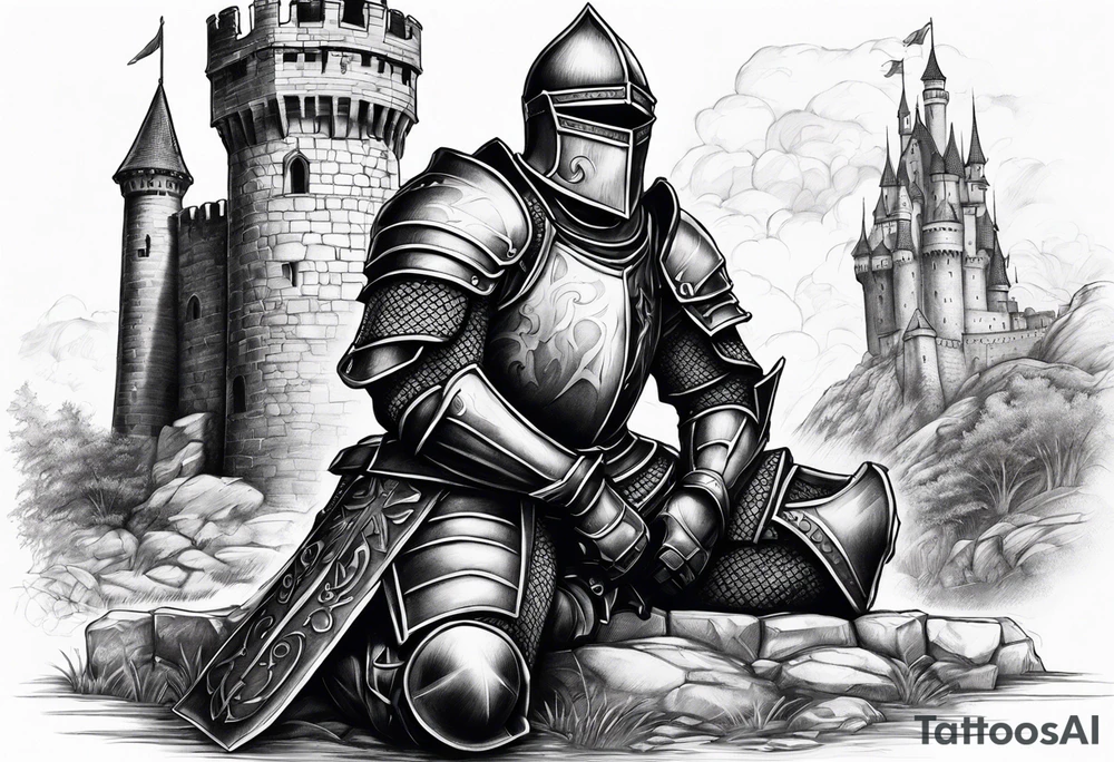 Wounded knight on his knees in front of castle tattoo idea