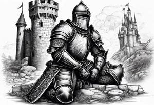 Wounded knight on his knees in front of castle tattoo idea