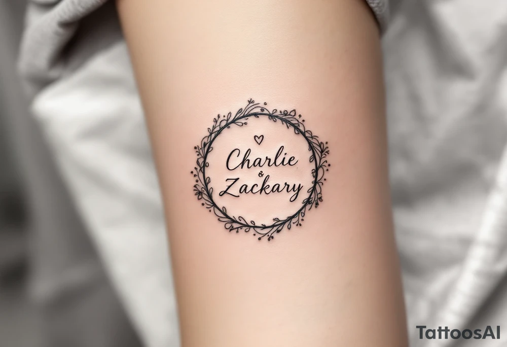 Create a small, elegant tattoo design that incorporates the names "Charlie" and "Zackary" in delicate, flowing cursive. Enclose the names inside a larger, refined symbol—such as a softly stylized mandala, circular frame, or subtle shield—to represent unity and protection. Integrate gentle accents like a small heart, minimal floral details, or an infinity symbol to evoke enduring love and family. The overall design should be minimalist and refined, perfect for discreet placement on the wrist or inner forearm. tattoo idea