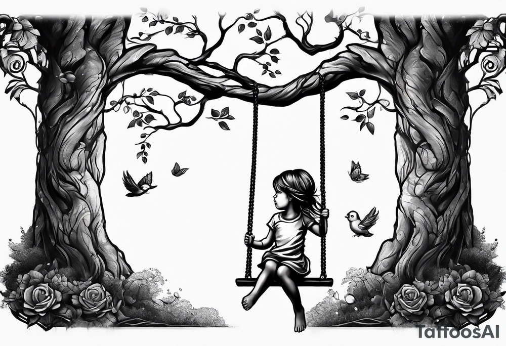 little girl swinging under a tree of life tattoo idea