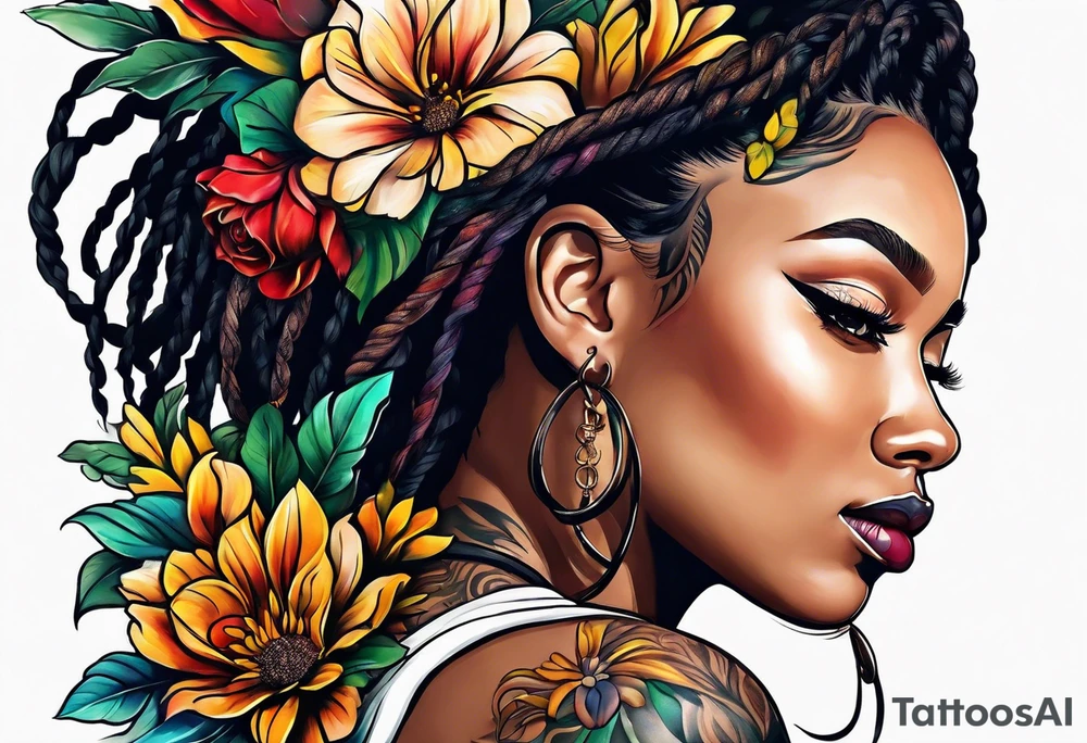 Woman with locs and flowers tattoo idea