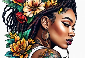 Woman with locs and flowers tattoo idea