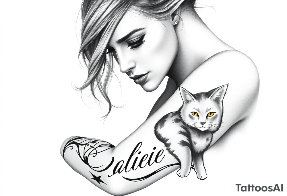 woman’s face with lettering and cat tattoo idea