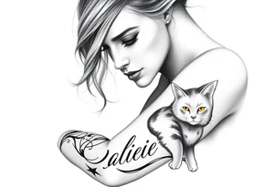 woman’s face with lettering and cat tattoo idea