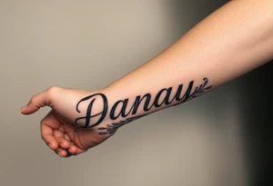 the name Danay, with a background other cool stuff that fills up the whole forearm tattoo idea