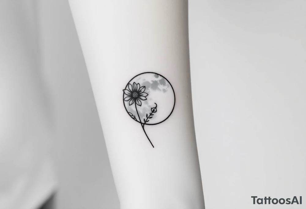 Small black and white tattoo full moon with small chrysanthemum and tiny scorpio gliph inside moon tattoo idea