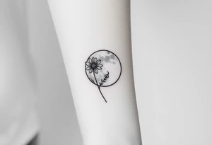 Small black and white tattoo full moon with small chrysanthemum and tiny scorpio gliph inside moon tattoo idea
