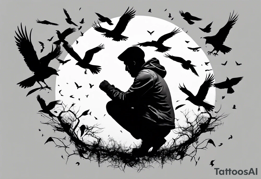 Silhouette of a man on his knees bent over with crows flying out his back like pieces of him flying away. tattoo idea