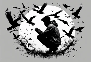 Silhouette of a man on his knees bent over with crows flying out his back like pieces of him flying away. tattoo idea