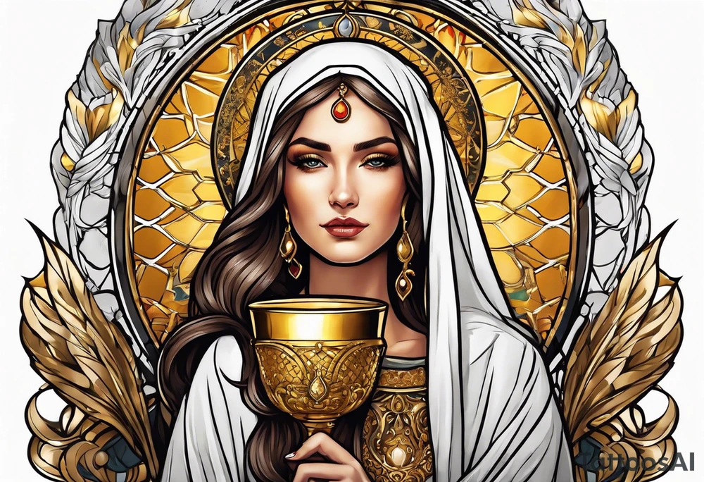 woman saint holding chalice surrounded by golden halo portrait tattoo idea