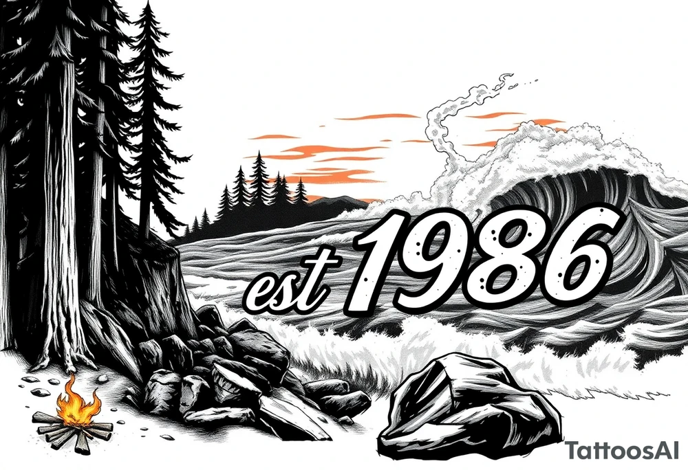 Collage of Redwood forest cliff huge trees campfire smoke and sunset meeting ocean  with huge waves crashing on the rocky shoreline and a night ski with the words "est.1986 nomad life" in graffiti like old English custom letters tattoo idea