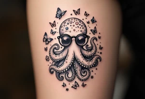 cute octopus, wearing glasses, friendly, surrounded by butterflies and oceanic items, grey ink, monochrome grey color tattoo idea