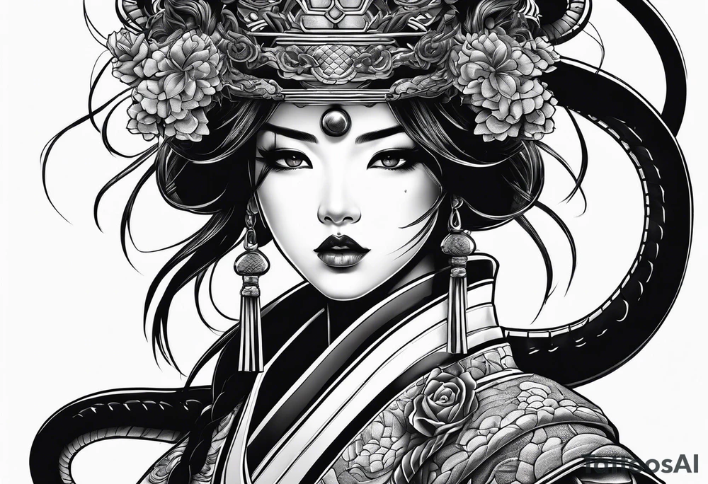samurai girl with snake tongue tattoo idea
