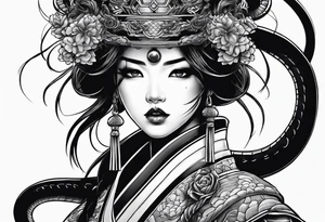 samurai girl with snake tongue tattoo idea