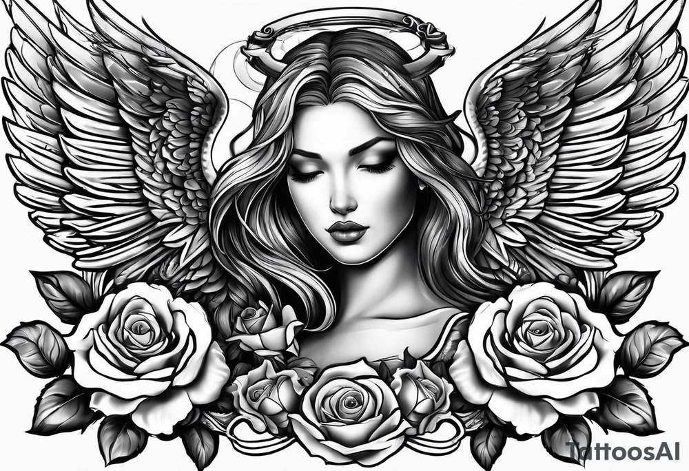 Angel, roses, name MARTINA tattoo idea