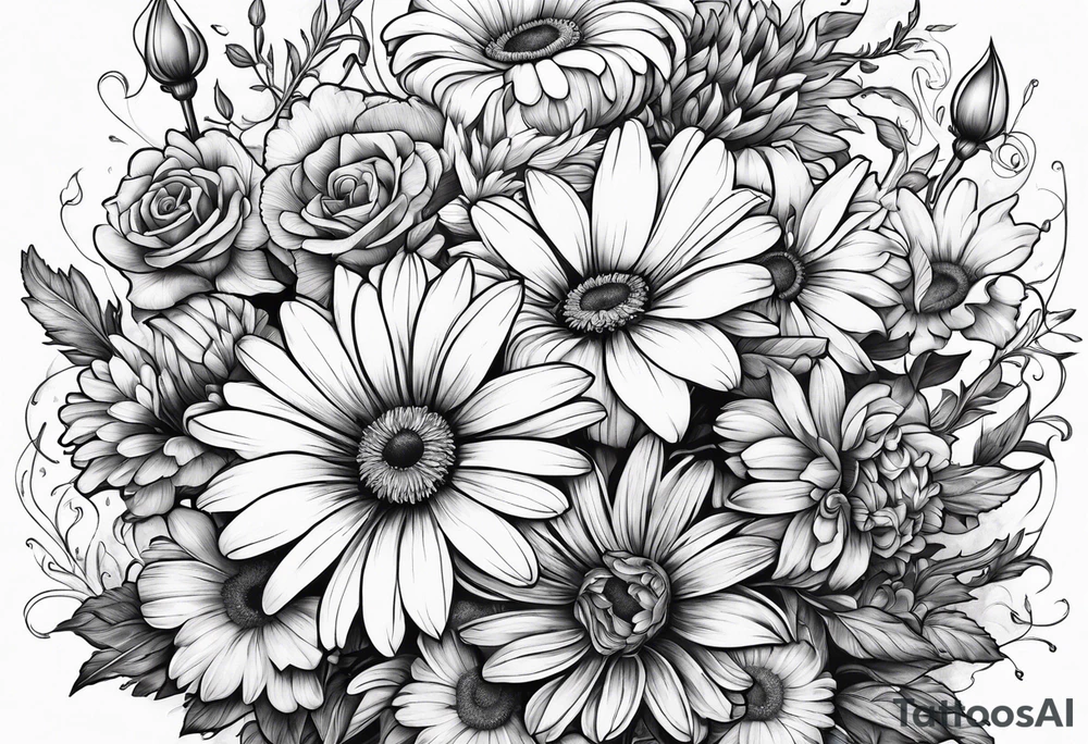 Boquet of daisys and roses with a flame surrounding them tattoo idea