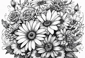 Boquet of daisys and roses with a flame surrounding them tattoo idea