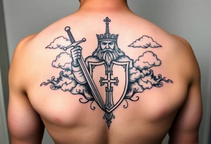 Half sleeve. King Alfred the great, sword, clouds, shield, cross tattoo idea