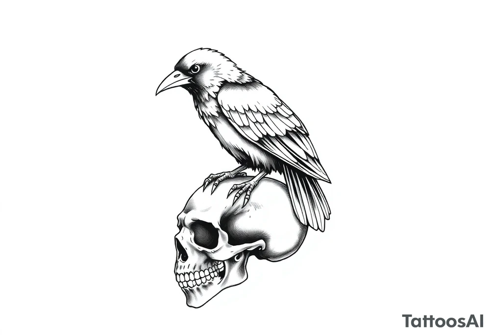 crow perched on skull tattoo idea