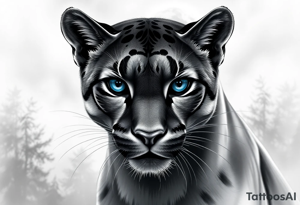 The puma should look strong, elegant, and slightly mysterious.

I want it to have striking, deep blue eyes – that’s an important feature.

Style: I’m open to realism or slightly stylized, but it should still look powerful and beautiful.

The expression should show confidence or calm focus – not aggressive, but alert and intelligent.

Background: Can be minimal or with subtle nature elements (like mist, forest shadows, or moonlight) – nothing too busy.

I’d like the overall composition to feel balanced and meaningful, something that represents inner strength and independence. I want it to look more realistic tattoo idea