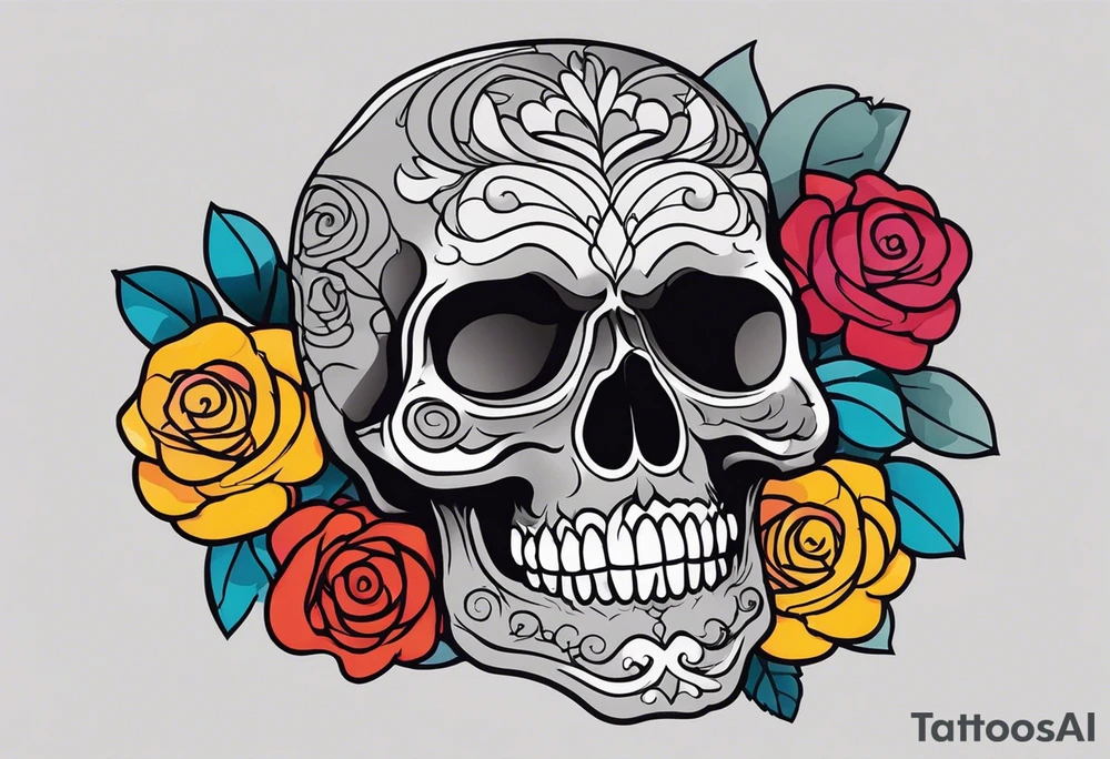 Gray skull smiling on bed of colorful roses tattoo idea