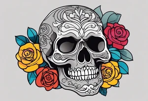 Gray skull smiling on bed of colorful roses tattoo idea