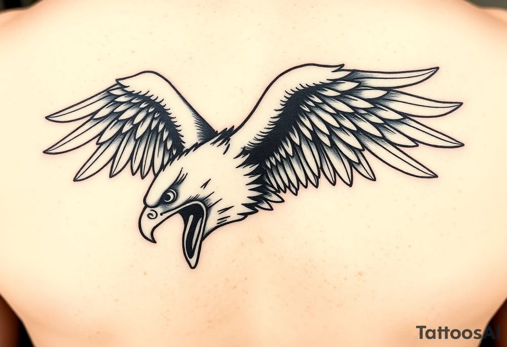 Give me a Neo traditional tattoo of a bald Eagle. Mouth open with tongue sticking out. Swooping down. tattoo idea