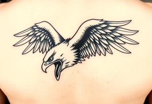 Give me a Neo traditional tattoo of a bald Eagle. Mouth open with tongue sticking out. Swooping down. tattoo idea