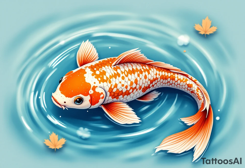 Speckled Orange Koi with Ripples – A playful koi with mottled orange and white patterns, creating soft ripples in a calm blue pond. tattoo idea