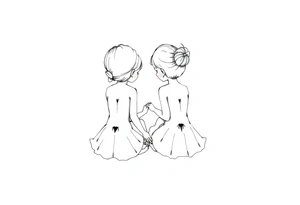 Zwei kleine mädchen sitzen sich gegenüber eine hat einen Dutt die andere einen Zopf und sie berühren sich an den Fußsohlen tattoo idea