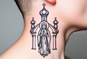 Russian orthodox church with bulb domes with a prominent russian orthodox style virgin mary stood outside with hands together tattoo idea