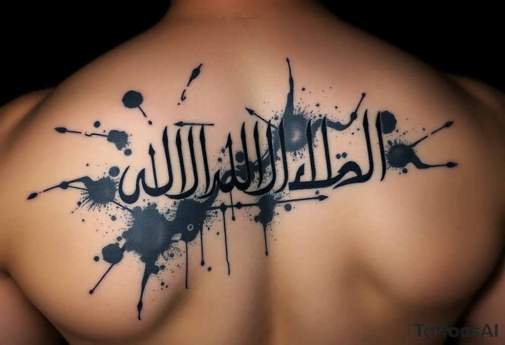 Dark surrealism style tattoo. The phrase "لا فتی الا علی لا سیف الا ذوالفقار" emerging from shadows and ink splatters. Gritty texture, charcoal sketch style, dramatic depth. The calligraphy looks sharp and dangerous, like cold steel. Gothic influence, powerful energy, heavy shading, masterpiece quality. tattoo idea