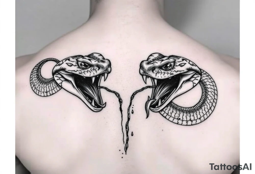 1 snake 2 Headed snake 1 dominate 1 and the other bigger and scarier both heads giant fangs out 1 head pulling away so hard there’s blood on the neck where the 2 heads split its 2 fierce baby cobra heads tattoo idea