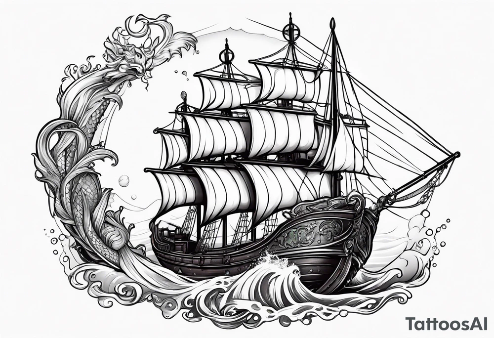 mermaid with galleon ship tattoo idea