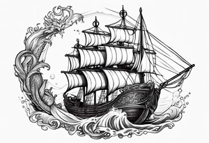 mermaid with galleon ship tattoo idea