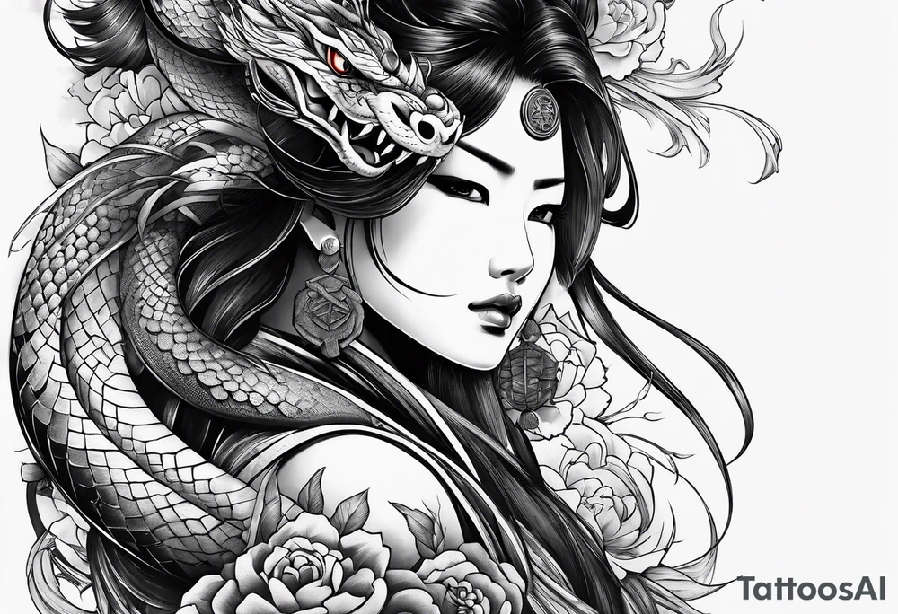 Japanese samurai -style tattoo with snake and demons tattoo idea
