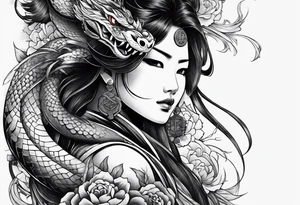 Japanese samurai -style tattoo with snake and demons tattoo idea