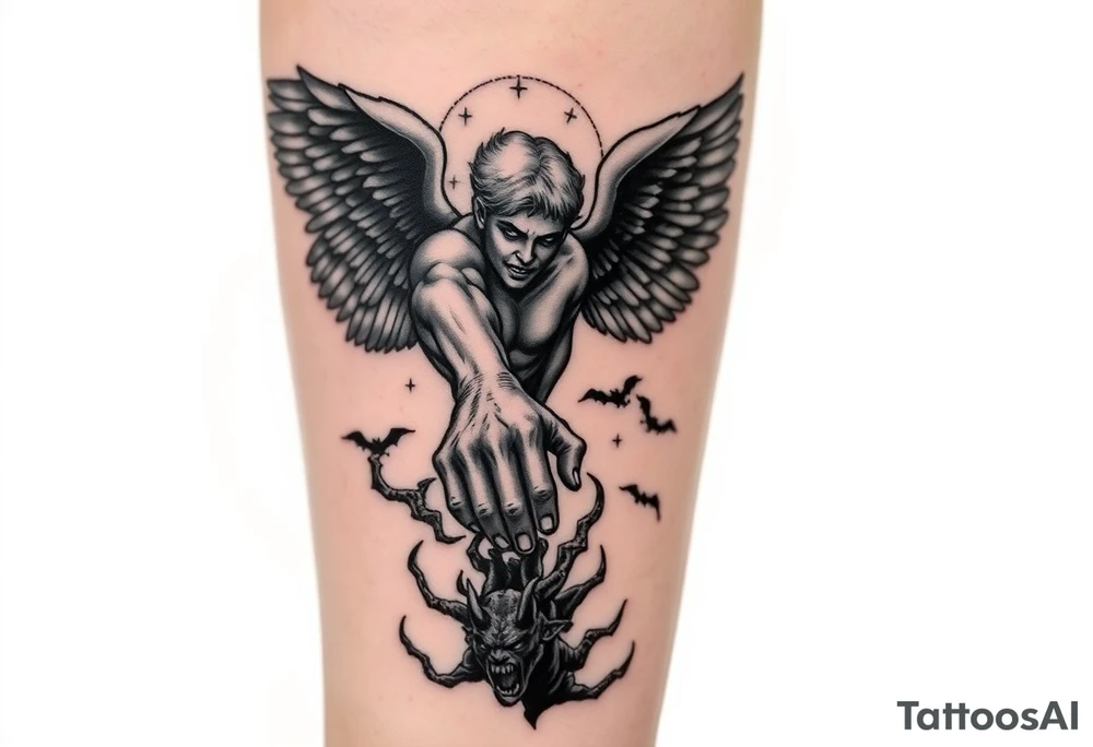 Angel grabing for mans hand ass he's being pulled to hell by demons tattoo idea