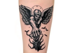 Angel grabing for mans hand ass he's being pulled to hell by demons tattoo idea